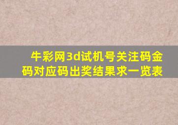 牛彩网3d试机号关注码金码对应码出奖结果求一览表